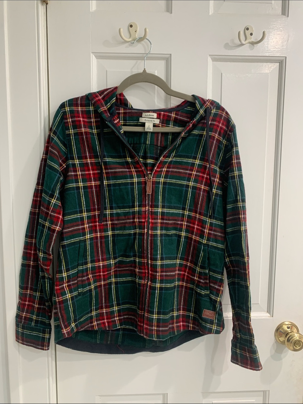 L.L. Bean Green Red Yellow Plaid Hooded Zip Jacket